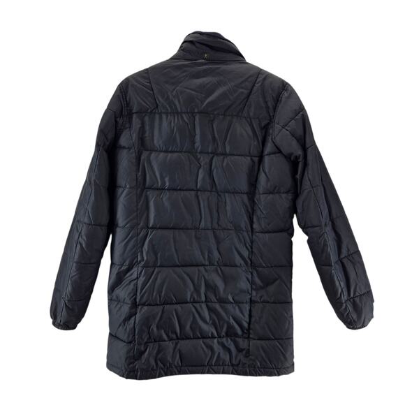 Barbour Great Coat Mens Small Navy Blue Mid Length Fibre Down Quilted Flawed - Picture 3 of 16